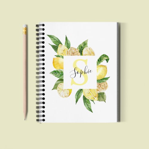 Modern Yellow Lemons Frame  Leaves With Name Notebook