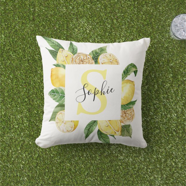 Modern Yellow Lemons Frame & Leaves With Name Outdoor Pillow (Grass)