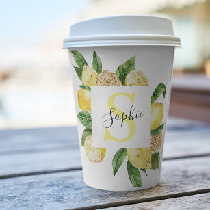Modern Yellow Lemons Frame & Leaves With Name Paper Cups