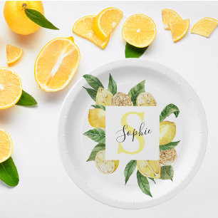 Modern Yellow Lemons Frame & Leaves With Name Paper Plates