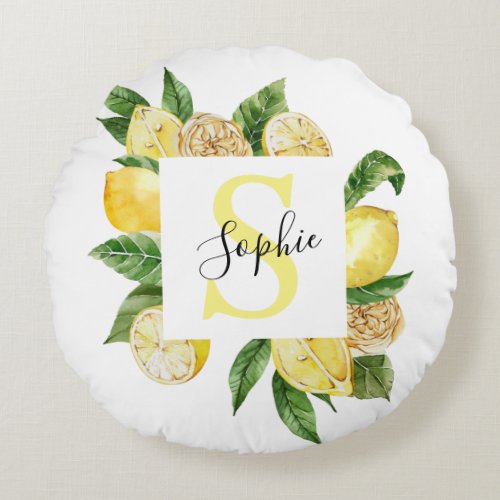 Modern Yellow Lemons Frame  Leaves With Name Round Pillow