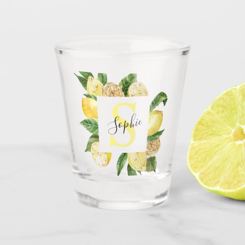Modern Yellow Lemons Frame  Leaves With Name Shot Glass