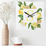 Modern Yellow Lemons Frame & Leaves With Name Square Wall Clock<br><div class="desc">Modern Yellow Lemons Frame & Leaves With Name</div>