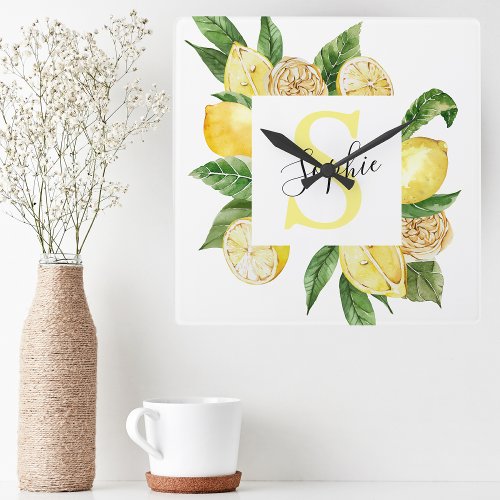 Modern Yellow Lemons Frame  Leaves With Name Square Wall Clock