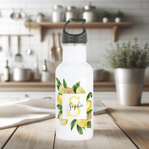 Modern Yellow Lemons Frame & Leaves With Name Stainless Steel Water Bottle