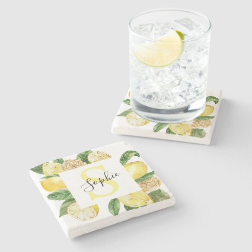 Modern Yellow Lemons Frame  Leaves With Name Stone Coaster