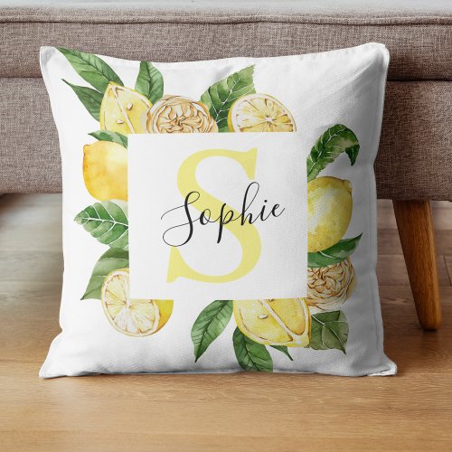 Modern Yellow Lemons Frame  Leaves With Name Throw Pillow