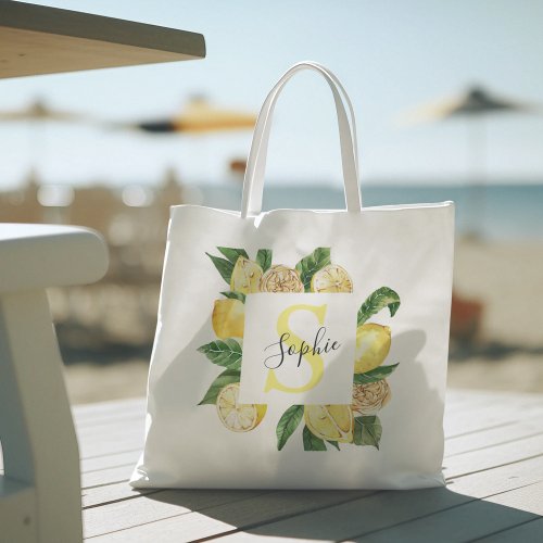 Modern Yellow Lemons Frame  Leaves With Name Tote Bag