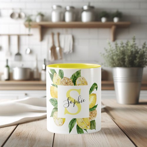 Modern Yellow Lemons Frame  Leaves With Name Two_Tone Coffee Mug