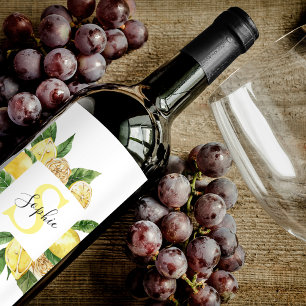 Modern Yellow Lemons Frame & Leaves With Name Wine Label