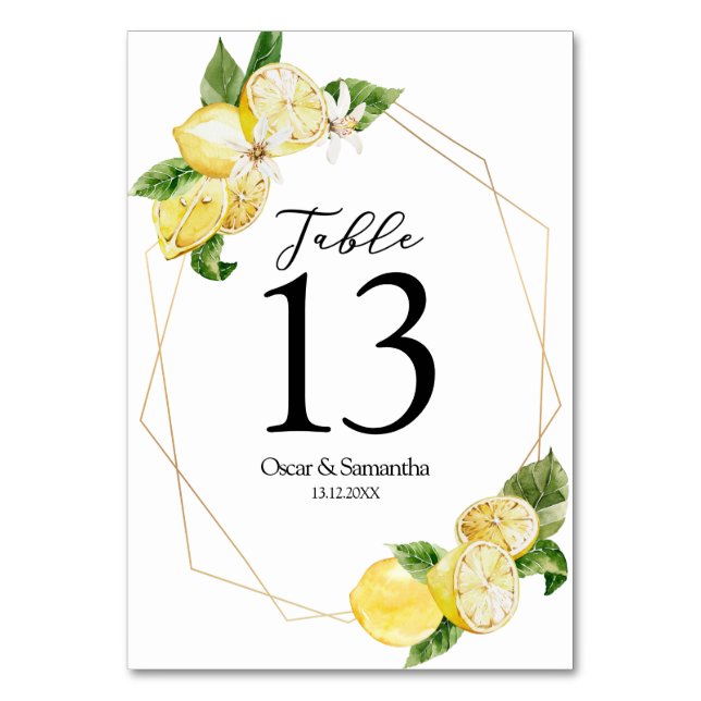 Modern Yellow Lemons & Gold Frame Beauty Table Number (Front)