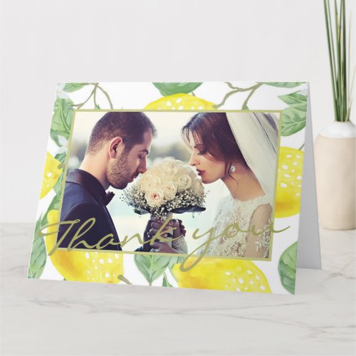 Modern Yellow Lemons  Green Foliage Wedding Photo Thank You Card