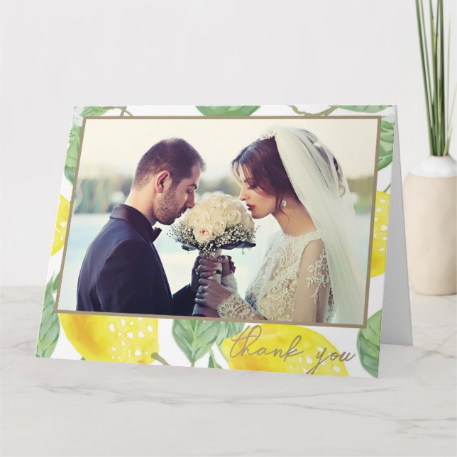 Modern Yellow Lemons & Green Foliage Wedding Photo Thank You Card (Front)