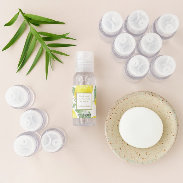 Modern Yellow Lemons Green Leaves Wedding Hand Sanitizer (Laydown)