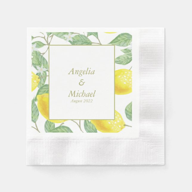 Modern Yellow Lemons Green Leaves Wedding Napkins (Front)