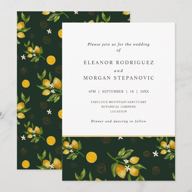 Modern yellow lemons juicy wedding invitation (Front/Back)