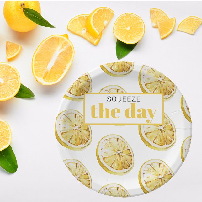 Modern Yellow Lemons Pattern & Squeeze The Day Paper Plates (Creator Uploaded)
