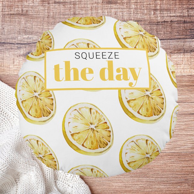 Modern Yellow Lemons Pattern & Squeeze The Day Round Pillow (Creator Uploaded)