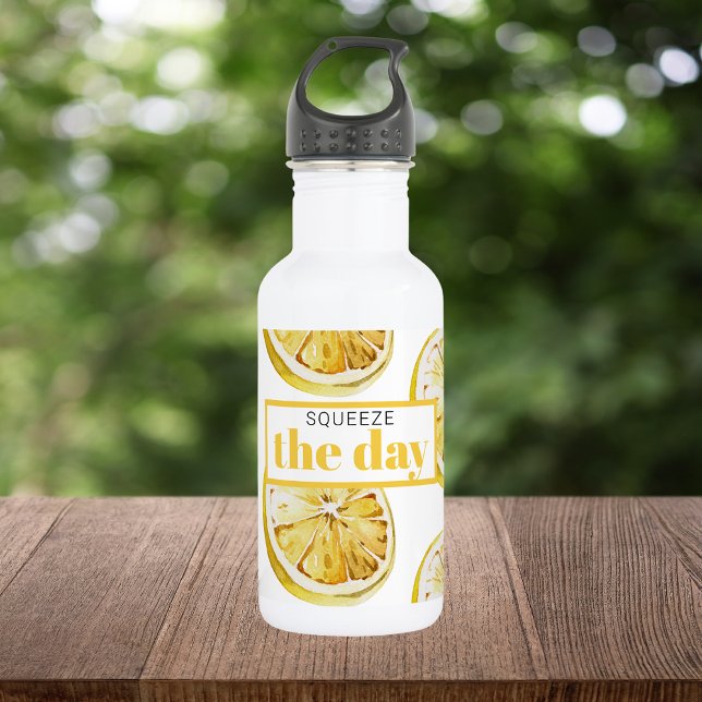 Modern Yellow Lemons Pattern & Squeeze The Day Stainless Steel Water Bottle (Creator Uploaded)