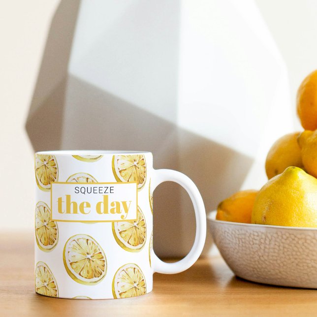 Modern Yellow Lemons Pattern & Squeeze The Day Two-Tone Coffee Mug (Creator Uploaded)
