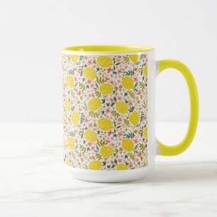 Modern Yellow Lemons with Pink Floral Mug