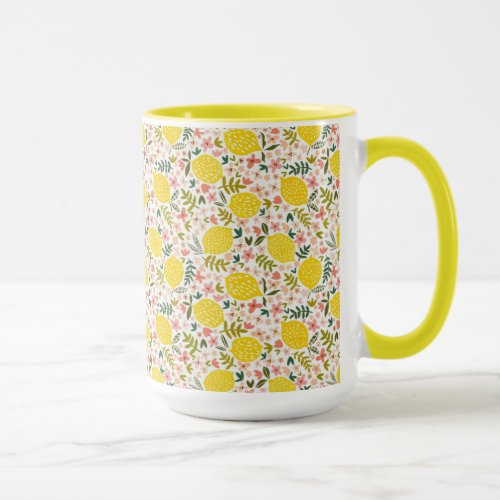 Modern Yellow Lemons with Pink Floral Mug