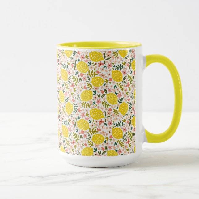 Modern Yellow Lemons with Pink Floral Mug (Right)