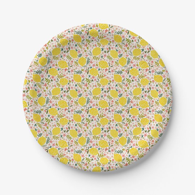 Modern Yellow Lemons with Pink Floral Paper Plates (Front)
