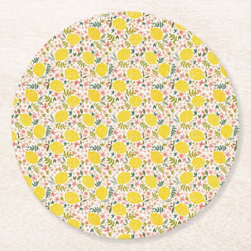 Modern Yellow Lemons with Pink Floral Round Paper Coaster