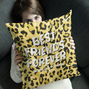 Modern Yellow Leopard “Best Friends Forever” Throw Pillow