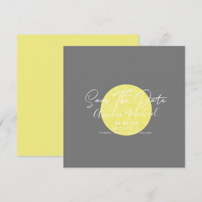 Modern Yellow Moon Gray  Save the Date Card (Front/Back)