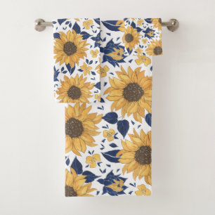 Modern Yellow & Navy Sunflowers Bath Towel Set