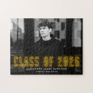 Modern Yellow Neon Class of 2026 Graduation Photo Jigsaw Puzzle