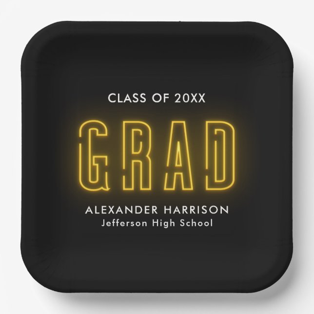 Modern Yellow Neon Graduation Paper Plates (Front)