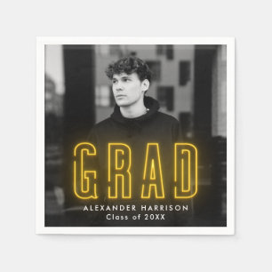 Modern Yellow Neon Photo Graduation Napkins