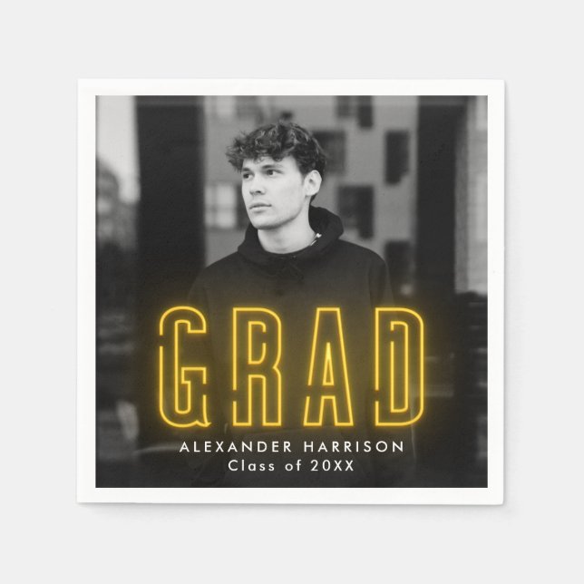 Modern Yellow Neon Photo Graduation Napkins (Front)