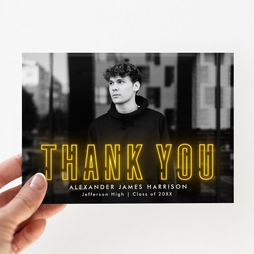 Modern Yellow Neon Photo Graduation Thank You Card