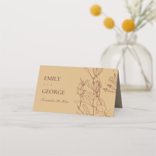 MODERN YELLOW OCHRE RUSTIC LINE DRAWING FLORAL PLACE CARD