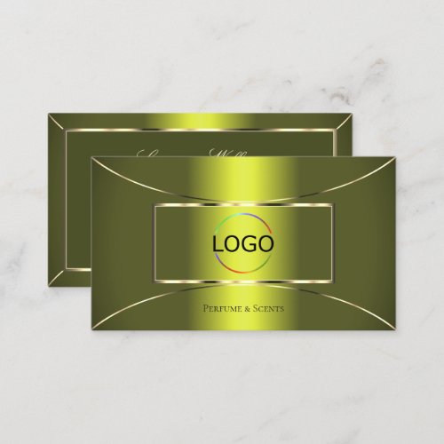 Modern Yellow Olive Green with Gold Decor and Logo Business Card