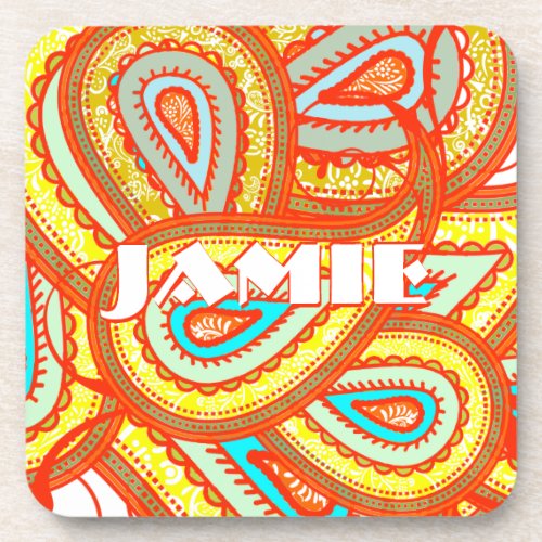 Modern Yellow Orange Aqua Mint Paisley Gifts Drink Coaster