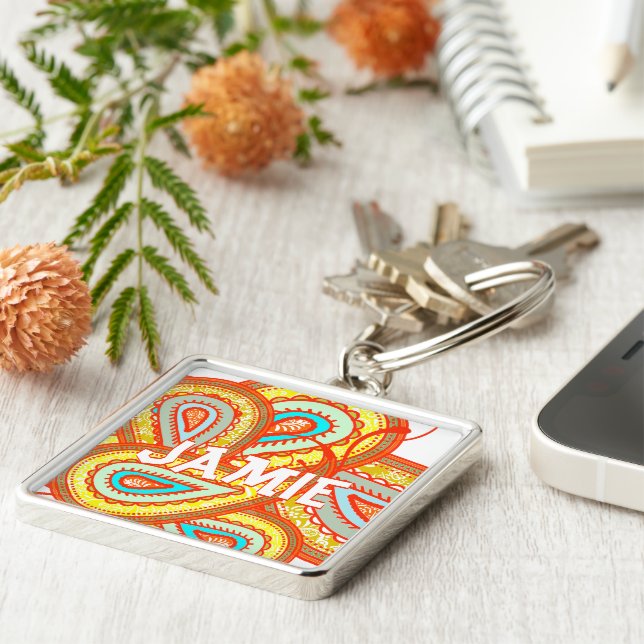 Modern Yellow Orange Aqua Mint Paisley Gifts Keychain (Side)