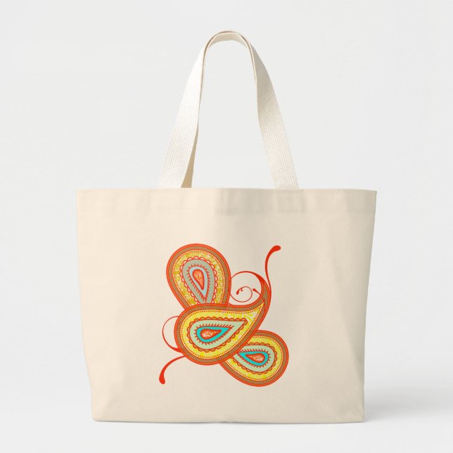 Modern Yellow Orange Aqua Mint Paisley Gifts Large Tote Bag (Front)