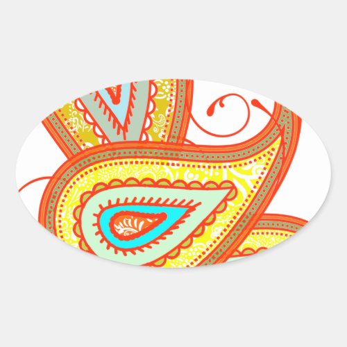 Modern Yellow Orange Aqua Mint Paisley Gifts Oval Sticker