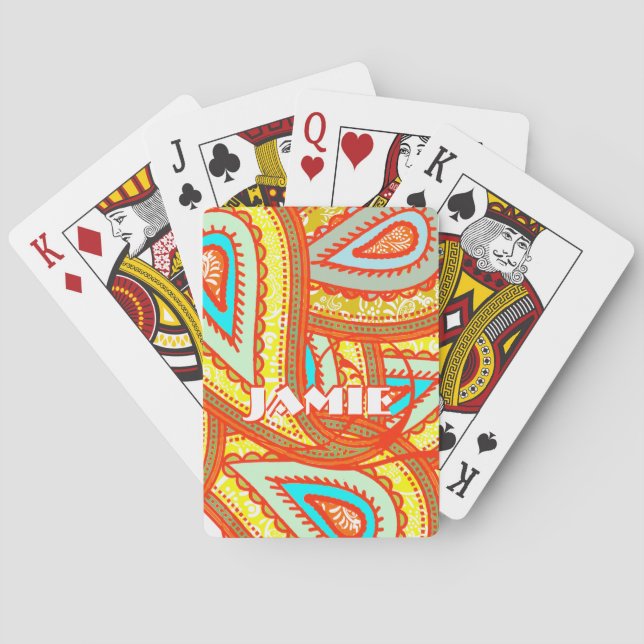 Modern Yellow Orange Aqua Mint Paisley Gifts Poker Cards (Back)