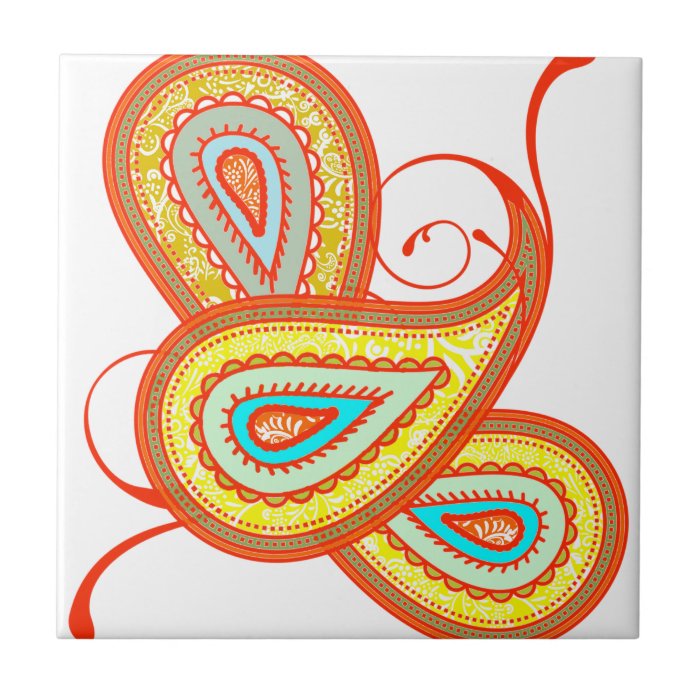 Modern Yellow Orange Aqua Mint Paisley Gifts Tile