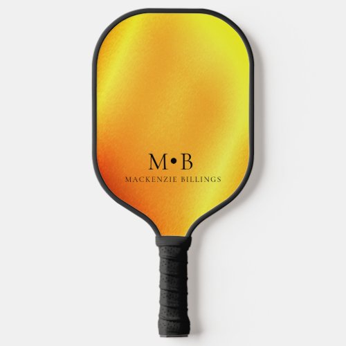 Modern Yellow Orange Metallic Simple Monogram Name Pickleball Paddle