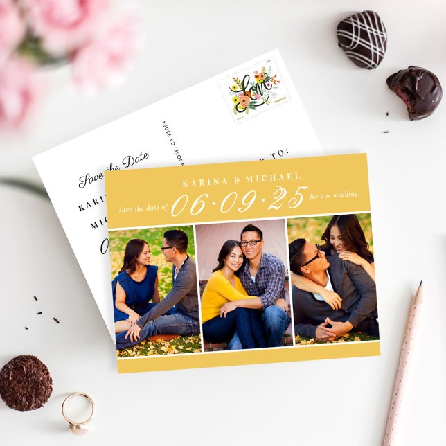 Modern Yellow Photo Collage Save the Date Announcement Postcard (Creator Uploaded)