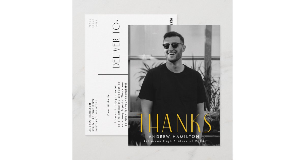 Modern Yellow Photo Graduation Thank You Postcard | Zazzle