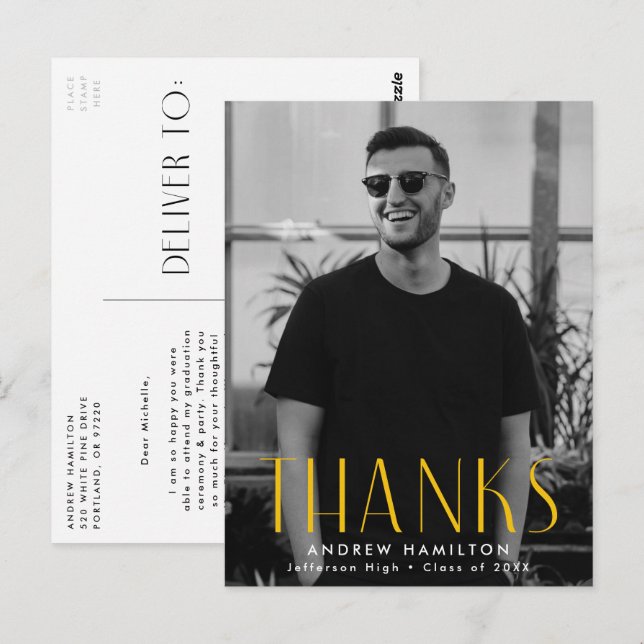 Modern Yellow Photo Graduation Thank You Postcard (Front/Back)