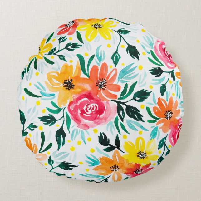 Modern Yellow Pink Flowers Watercolor Design Round Pillow (Front)